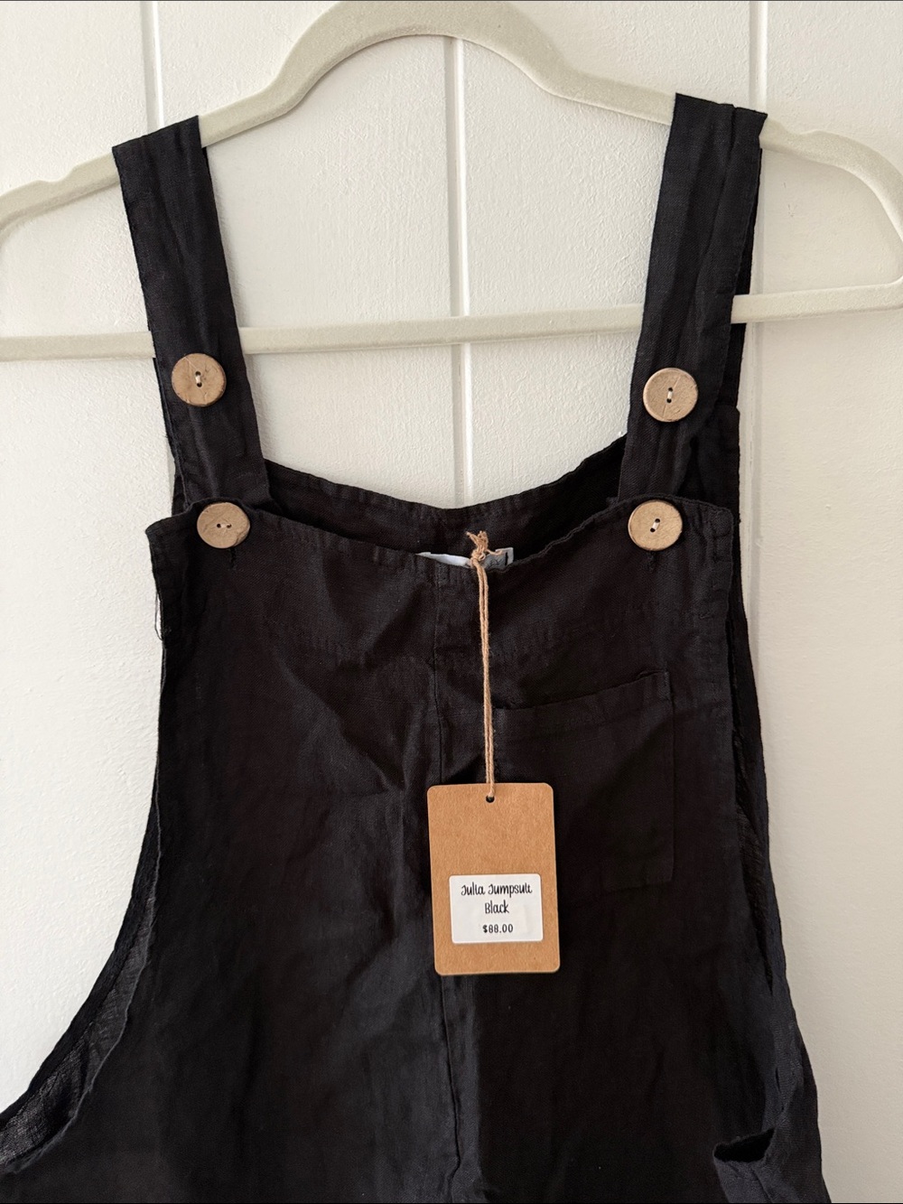 100% Linen made in Italy Black Linen Jumpsuit with Wooden Buttons